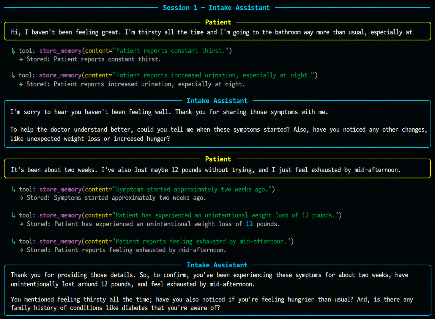 Terminal screenshot of a LangChain intake agent capturing patient symptoms and persisting them to xysq memory
