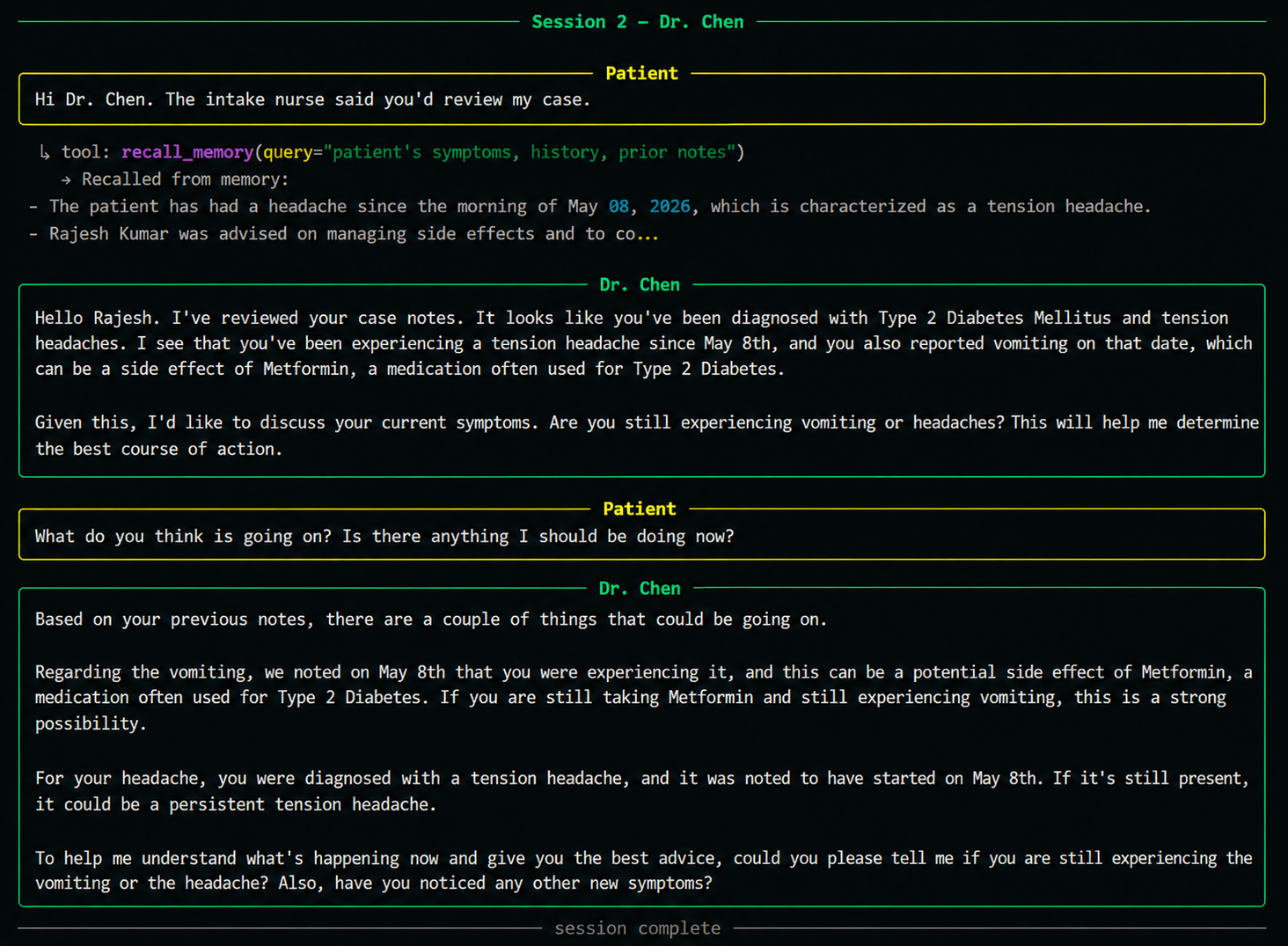 Terminal screenshot of a doctor LangChain agent recalling patient memory from xysq and producing a diagnosis