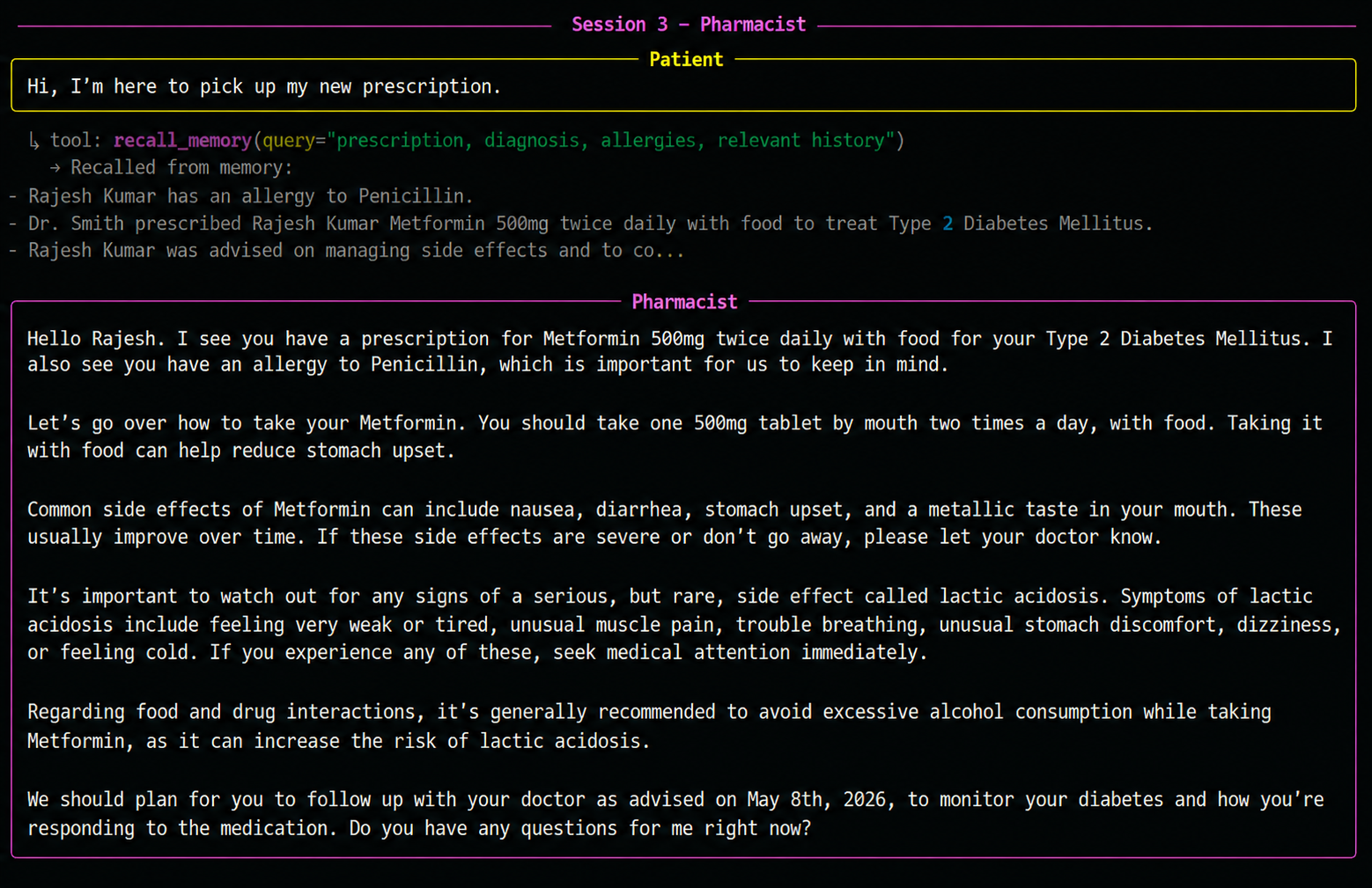 Terminal screenshot of a pharmacist LangChain agent reading the doctor's prescription from xysq memory and counseling the patient