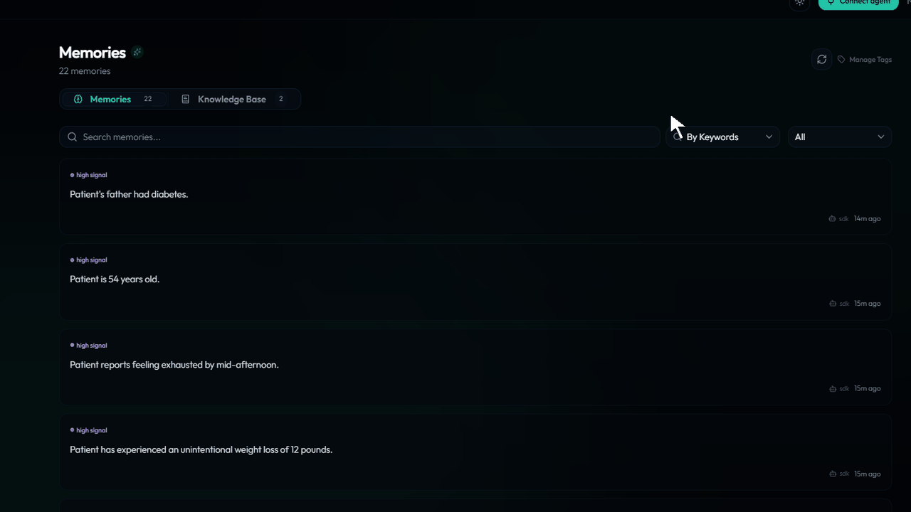 Animated walkthrough of the xysq dashboard showing captured memories from the LangChain healthcare demo, listed in real time